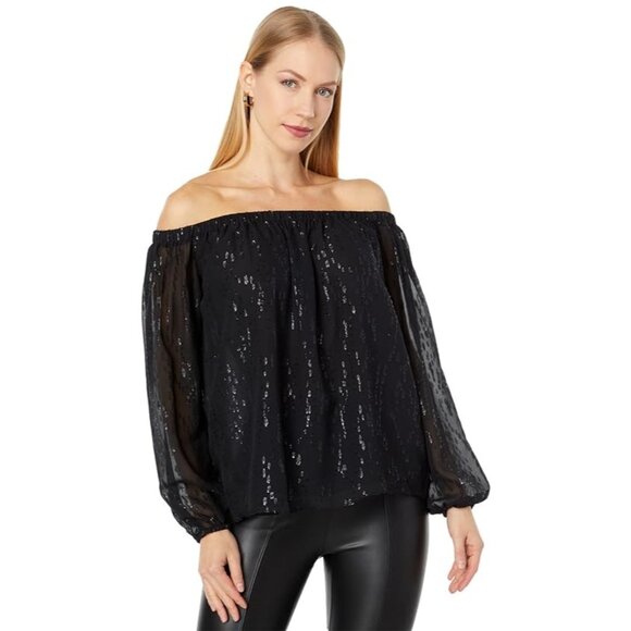 LILLY PULITZER Emilee Onyx Black Chiffon Long Sleeve Off the Shoulder Top Size M - Picture 1 of 3